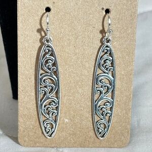 2/$20 Silver tone long marquee w/filigree & swirl hook earrings NWOT